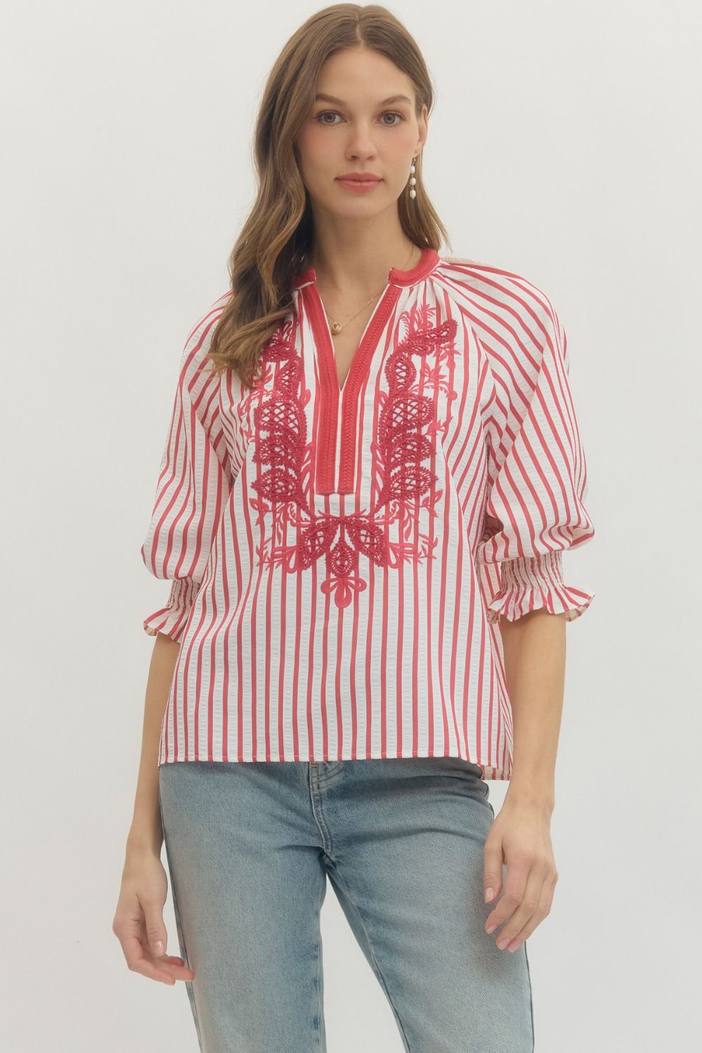 T29770 - Embroidered Feature Striped Blouse-03-Tees/Tanks-Entro-Krista Anne's Boutique, Women's Fashion and Accessories Located in Oklahoma City, OK and Black Mountain, NC