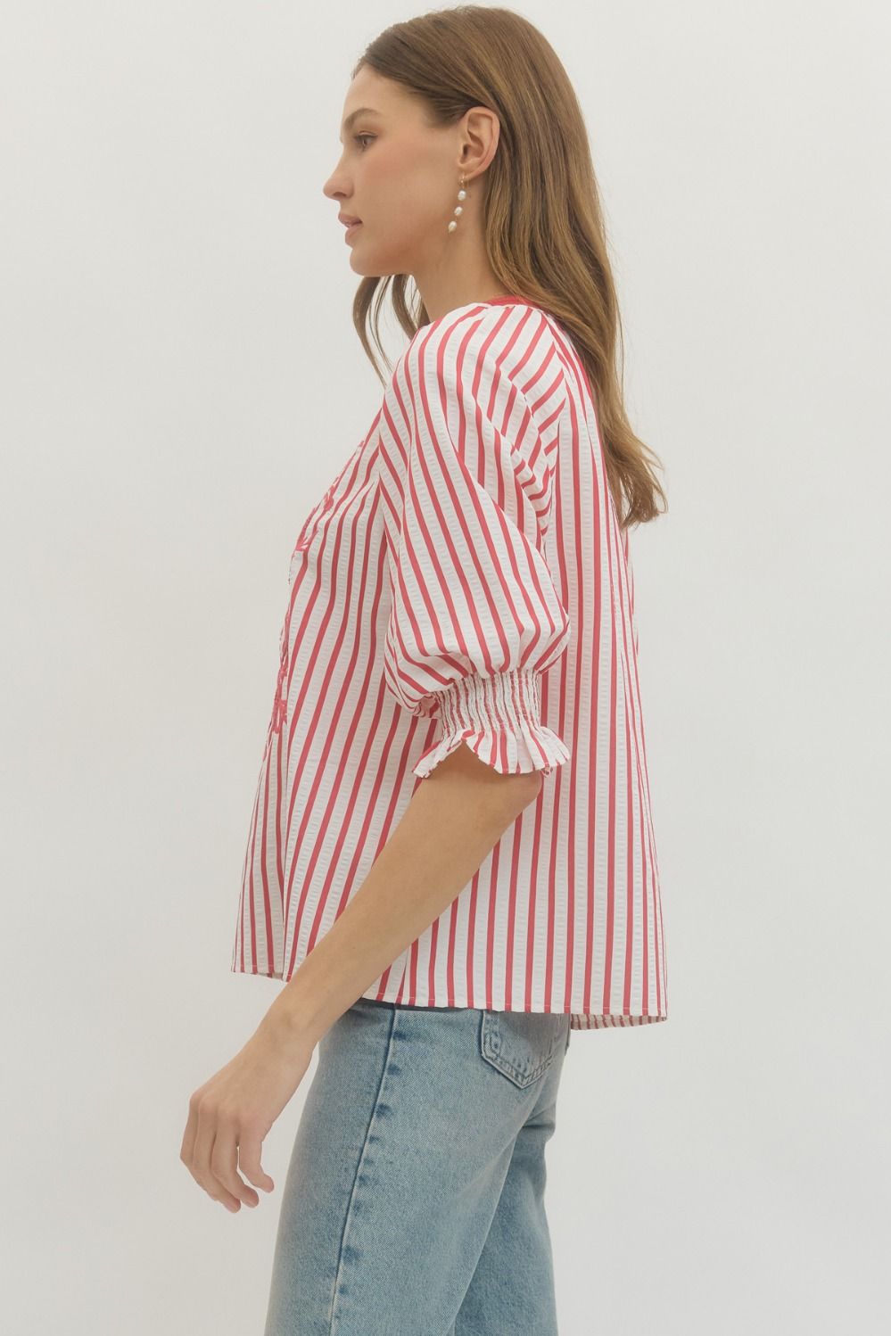 T29770 - Embroidered Feature Striped Blouse-03-Tees/Tanks-Entro-Krista Anne's Boutique, Women's Fashion and Accessories Located in Oklahoma City, OK and Black Mountain, NC