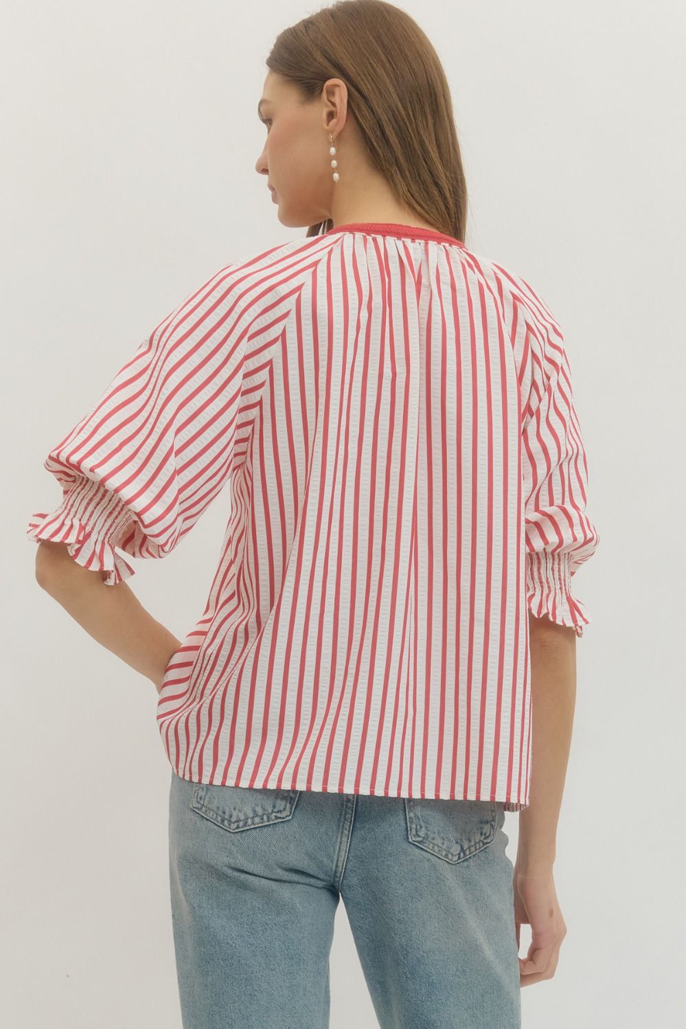 T29770 - Embroidered Feature Striped Blouse-03-Tees/Tanks-Entro-Krista Anne's Boutique, Women's Fashion and Accessories Located in Oklahoma City, OK and Black Mountain, NC
