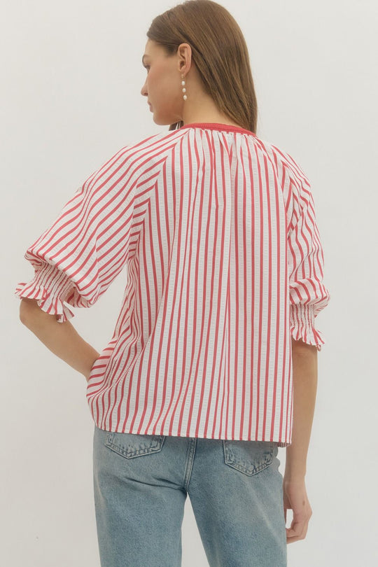 T29770 - Embroidered Feature Striped Blouse-03-Tees/Tanks-Entro-Krista Anne's Boutique, Women's Fashion and Accessories Located in Oklahoma City, OK and Black Mountain, NC