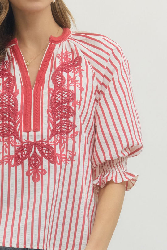 T29770 - Embroidered Feature Striped Blouse-03-Tees/Tanks-Entro-Krista Anne's Boutique, Women's Fashion and Accessories Located in Oklahoma City, OK and Black Mountain, NC