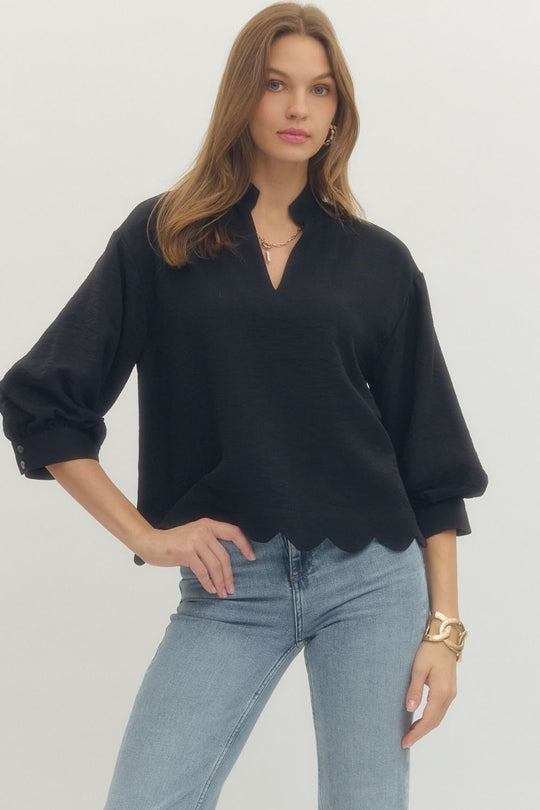 T29804 - Scallop Edge Blouse-02-Tops/Blouses-Entro-Krista Anne's Boutique, Women's Fashion and Accessories Located in Oklahoma City, OK and Black Mountain, NC