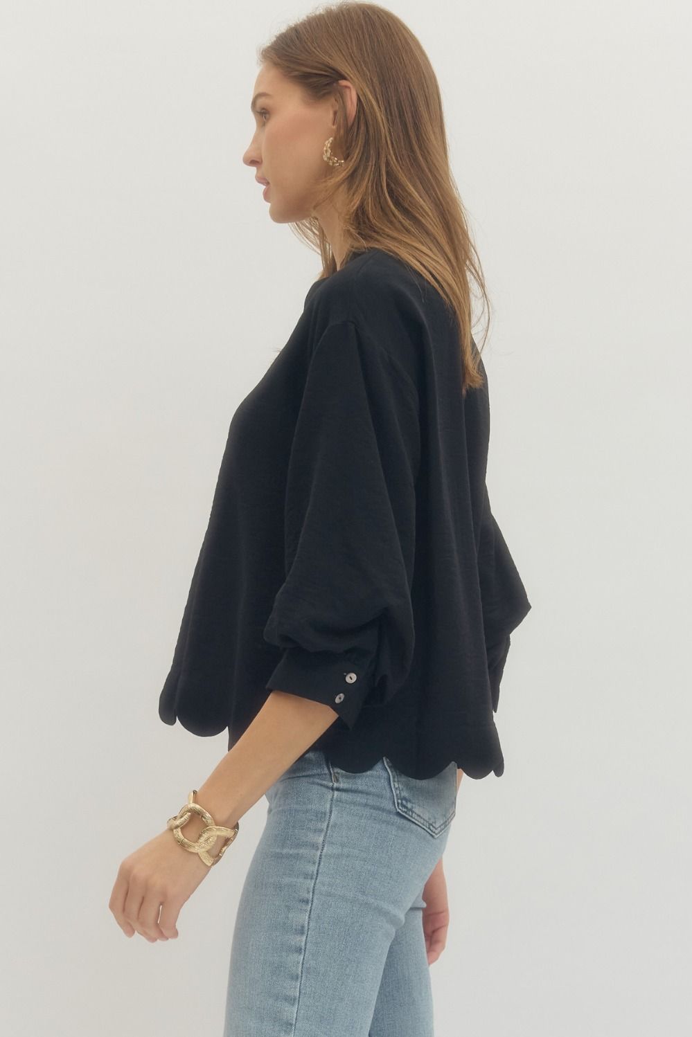 T29804 - Scallop Edge Blouse-02-Tops/Blouses-Entro-Krista Anne's Boutique, Women's Fashion and Accessories Located in Oklahoma City, OK and Black Mountain, NC