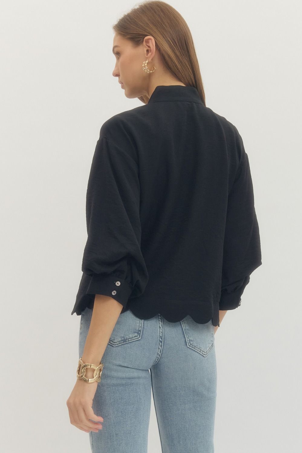 T29804 - Scallop Edge Blouse-02-Tops/Blouses-Entro-Krista Anne's Boutique, Women's Fashion and Accessories Located in Oklahoma City, OK and Black Mountain, NC