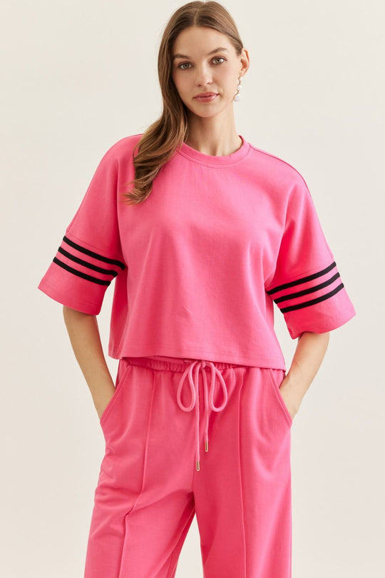 T30626 - Contrast Stripe Half Sleeve Tee-03-Tees/Tanks-Entro-Krista Anne's Boutique, Women's Fashion and Accessories Located in Oklahoma City, OK and Black Mountain, NC