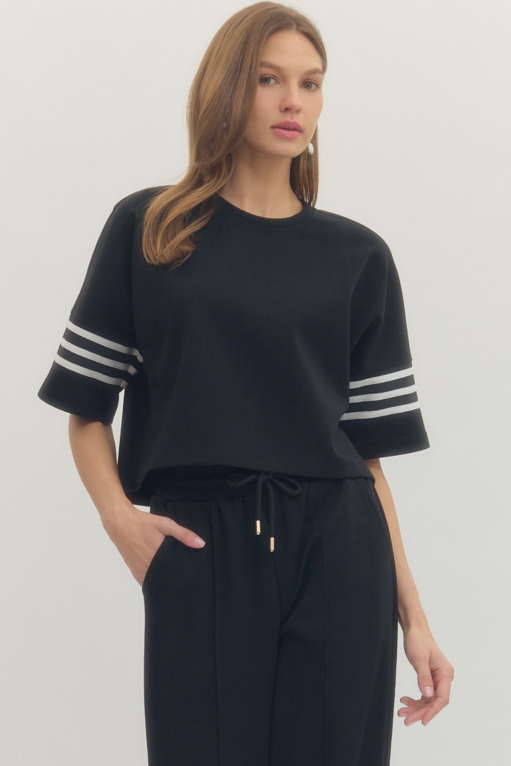 T30626 - Contrast Stripe Half Sleeve Tee-03-Tees/Tanks-Entro-Krista Anne's Boutique, Women's Fashion and Accessories Located in Oklahoma City, OK and Black Mountain, NC