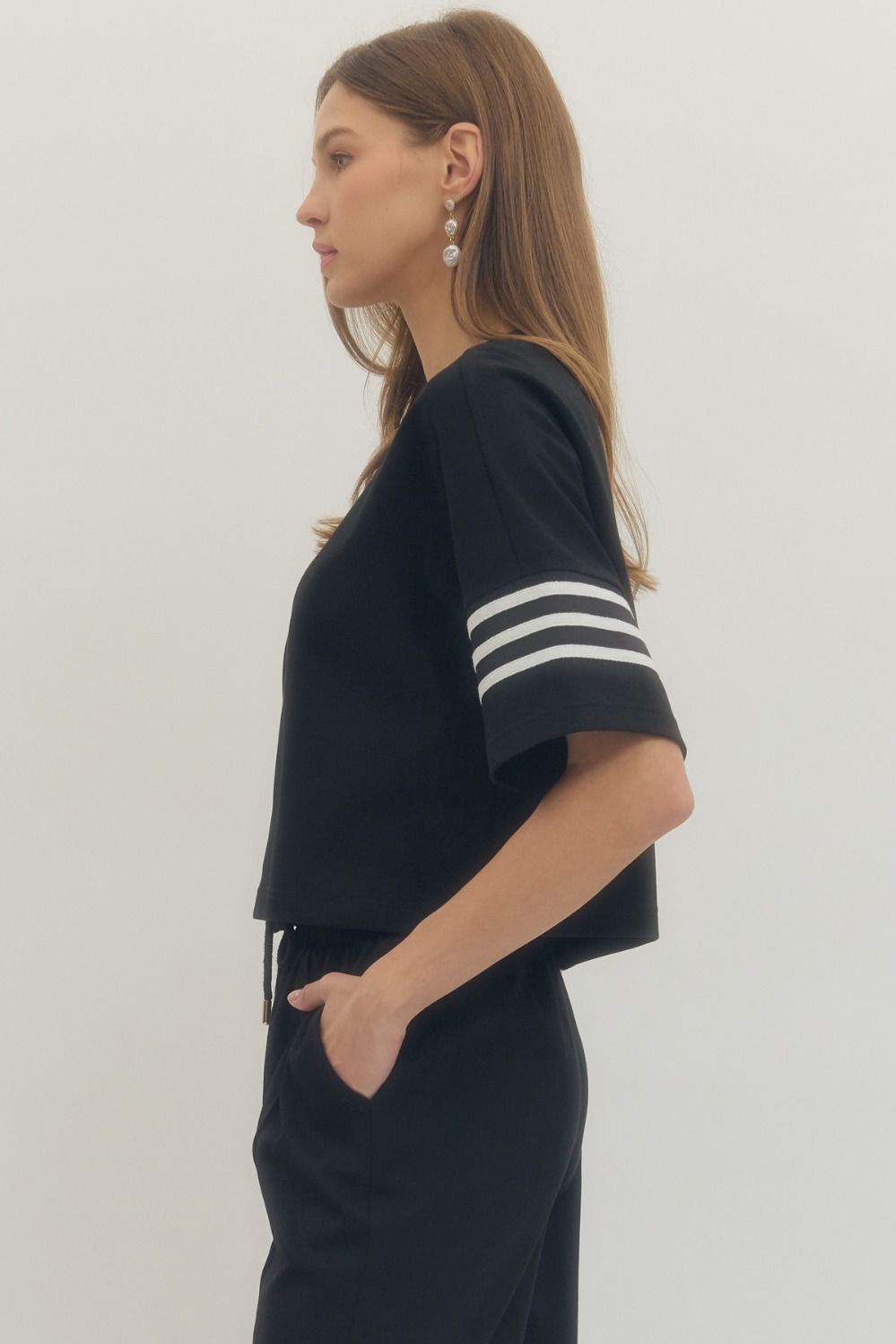 T30626 - Contrast Stripe Half Sleeve Tee-03-Tees/Tanks-Entro-Krista Anne's Boutique, Women's Fashion and Accessories Located in Oklahoma City, OK and Black Mountain, NC