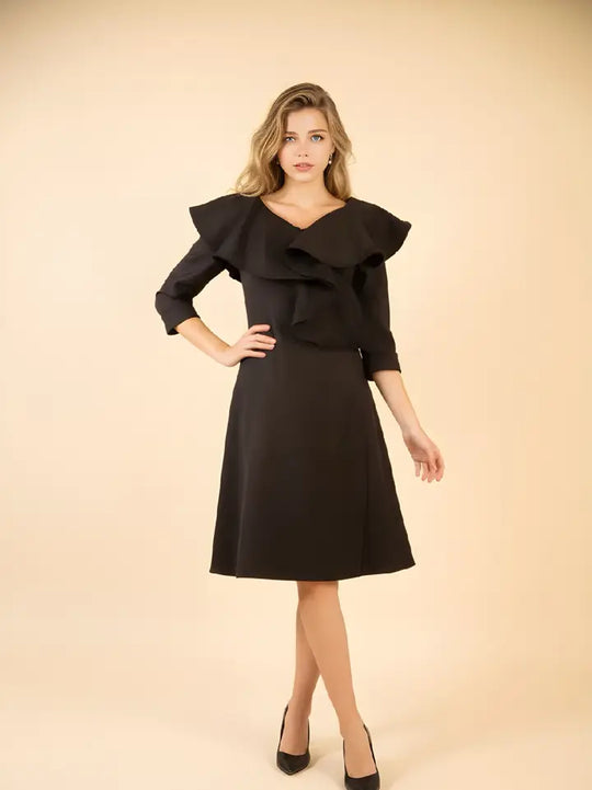 F26030 - A-Line Dress w/ Ruffle V Neckline