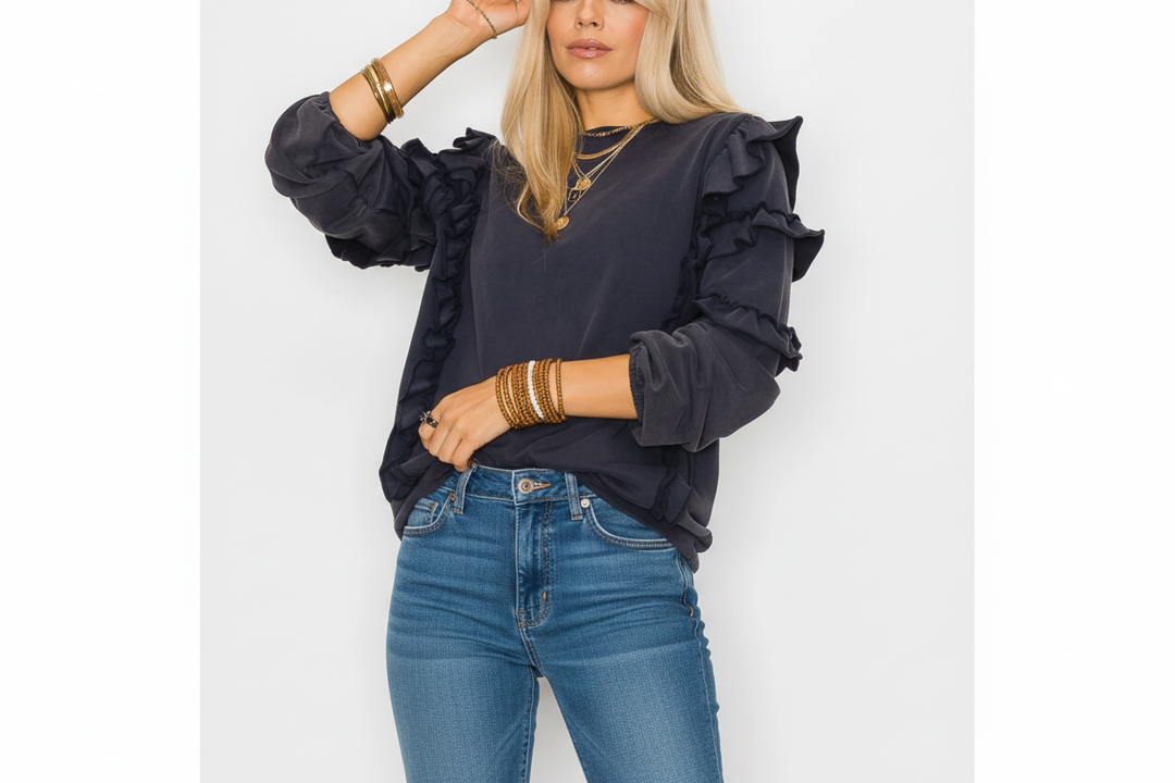 Ruffle Sleeve French Terry Sweatshirt-05-Sweaters-Cezele-Krista Anne's Boutique, Women's Fashion and Accessories Located in Oklahoma City, OK and Black Mountain, NC