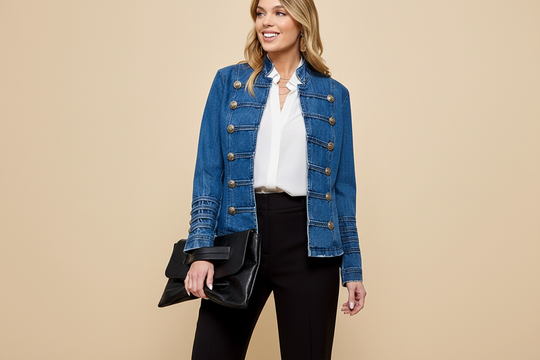CJ2236 - Structured Denim Military Jacket-01-Jackets/Blazers-Cezele-Krista Anne's Boutique, Women's Fashion and Accessories Located in Oklahoma City, OK and Black Mountain, NC