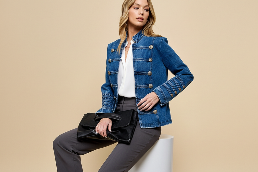 CJ2236 - Structured Denim Military Jacket-01-Jackets/Blazers-Cezele-Krista Anne's Boutique, Women's Fashion and Accessories Located in Oklahoma City, OK and Black Mountain, NC