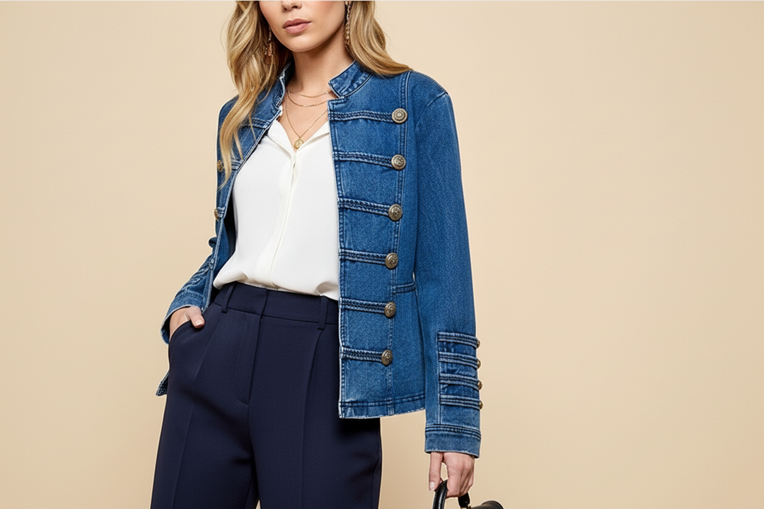 CJ2236 - Structured Denim Military Jacket-01-Jackets/Blazers-Cezele-Krista Anne's Boutique, Women's Fashion and Accessories Located in Oklahoma City, OK and Black Mountain, NC