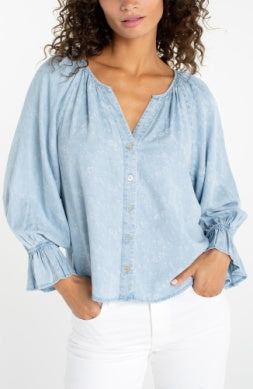 LM8K84TLQ - 3/4 Sleeve Button Front Shirred Top-02-Tops/Blouses-Liverpool-Krista Anne's Boutique, Women's Fashion and Accessories Located in Oklahoma City, OK and Black Mountain, NC