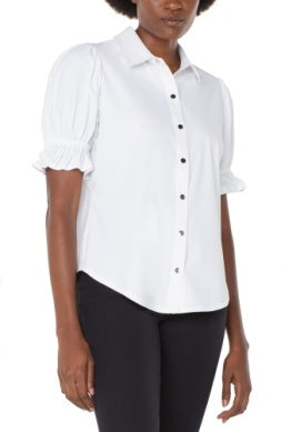 LM8H24ETK - Elbow Puff Sleeve Snap Front Blouse-02-Tops/Blouses-Liverpool-Krista Anne's Boutique, Women's Fashion and Accessories Located in Oklahoma City, OK and Black Mountain, NC