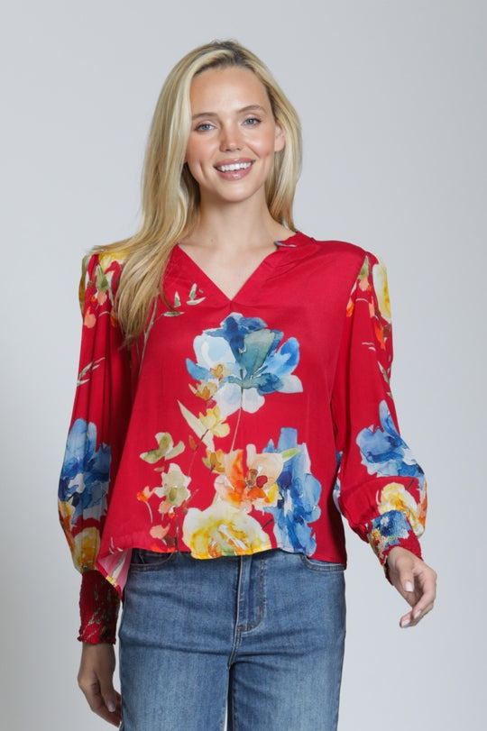 T422P/C-510D/NC - Split Neck Top w/Smocked Cuffs-02-Tops/Blouses-Apny Apparel Inc-Krista Anne's Boutique, Women's Fashion and Accessories Located in Oklahoma City, OK and Black Mountain, NC