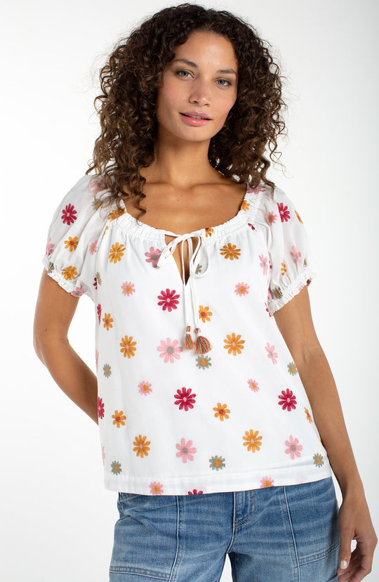 LM8K66WV98 - Embroidered Blossoms Peasant Blouse-03-Tees/Tanks-Liverpool-Krista Anne's Boutique, Women's Fashion and Accessories Located in Oklahoma City, OK and Black Mountain, NC