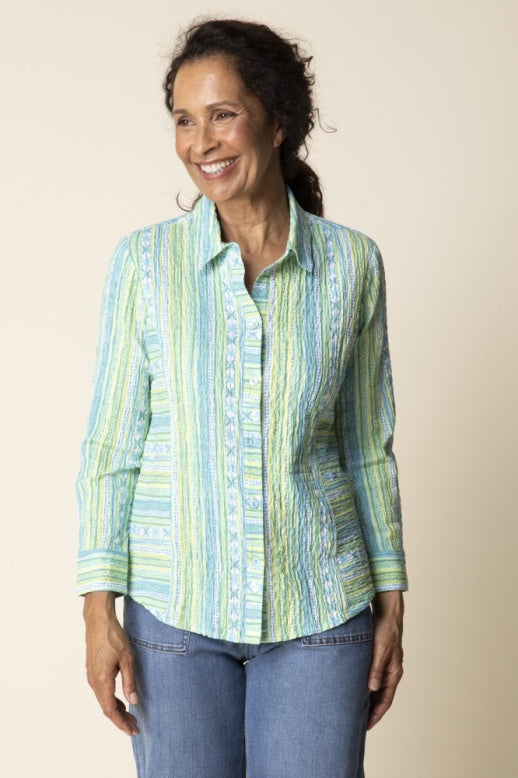 40119 - Crinkle Cotton Stripe Side Panel Shirt-02-Tops/Blouses-Habitat-Krista Anne's Boutique, Women's Fashion and Accessories Located in Oklahoma City, OK and Black Mountain, NC
