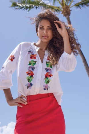 3048O-8378 - 3/4 Sleeve Embroidered Button Front Blouse-02-Tops/Blouses-Tribal-Krista Anne's Boutique, Women's Fashion and Accessories Located in Oklahoma City, OK and Black Mountain, NC