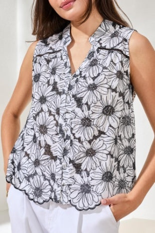 6213O-5210 - Sketched Daisies Blouse-02-Tops/Blouses-Tribal-Krista Anne's Boutique, Women's Fashion and Accessories Located in Oklahoma City, OK and Black Mountain, NC